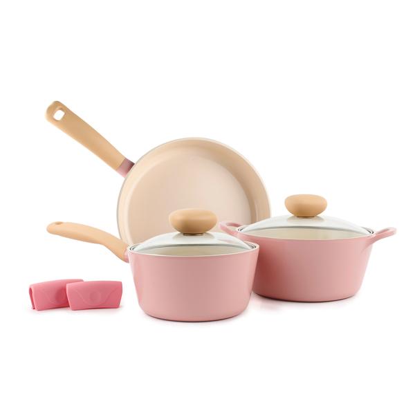 MIDAS Plus FIKA collection Pink 7pc set (Wok, Frypan and Pot w/ detachable  Handle)