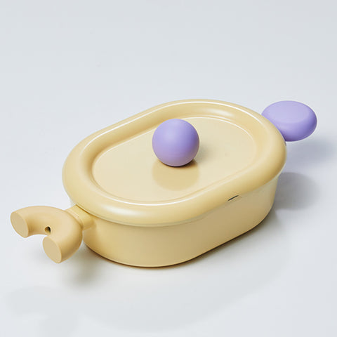 An oval pastel-colored pot with a yellow body and a purple handle, displayed on a white background