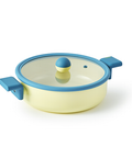 Neoflam 20 cm casserole pot with blue handles and glass lid.