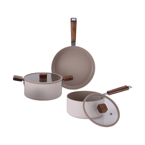 Bien 5-piece cookware set including a beige frying pan, saucepan, and pot. Each item features wooden handles and glass lids with a ceramic coating.