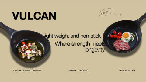 A black, lightweight non-stick VULCAN frying pan with a healthy ceramic coating and thermal efficiency, displayed with a savory stew and a separate pan with fried eggs and tomatoes, highlighting the pan's ease of cleaning and durability