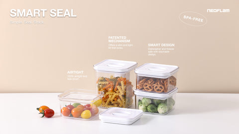 A range of clear, stackable food storage containers with white lids, labeled SMART SEAL, featuring a patented locking mechanism, airtight and leak-proof design, BPA-free material, displayed alongside fresh tomatoes and pasta, emphasizing simplicity and efficiency in food preservation