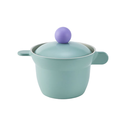 Elegant pastel mint rice pot with a purple knob, induction-compatible, combining simplicity and practicality as a kitchen essential."

Keywords: pastel pot, ceramic rice cooker, induction pot, modern kitchen item, aesthetic kitchenware