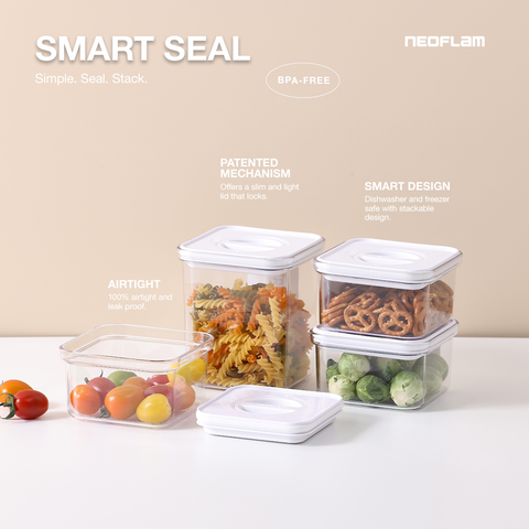 A promotional image for Neoflam's Smart Seal food storage containers highlighting features like BPA-free, a patented locking mechanism, airtight seals, and stackable smart design.