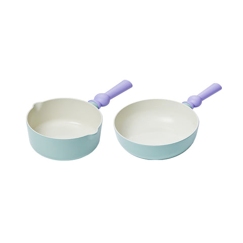 A set of two pastel-colored cookware items, including a light green saucepan and a light green frying pan, both with purple handles, displayed on a white background