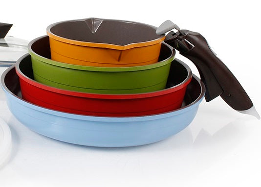 Midas Multi Color 9pc Set, Detachable Handle - Cast Aluminum Cookware