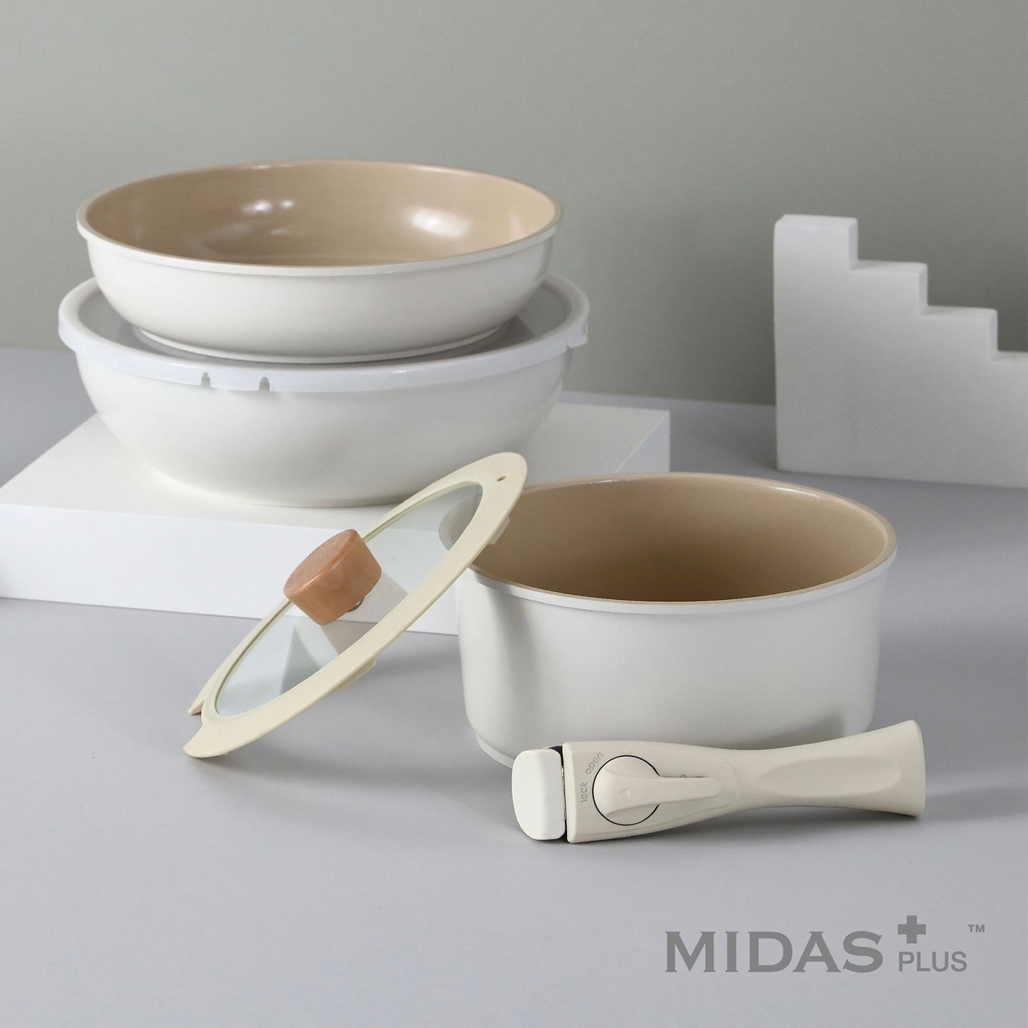MIDAS Plus FIKA collection Ivory 7pc set (Wok, Frypan and Pot w/ detachable Handle)